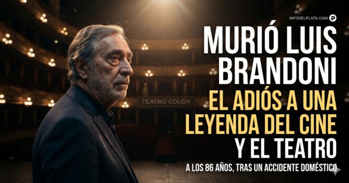 Murió Luis Brandoni. Retrato del actor argentino Luis Brandoni con texto de última noticia sobre su fallecimiento a los 86 años tras un accidente doméstico.