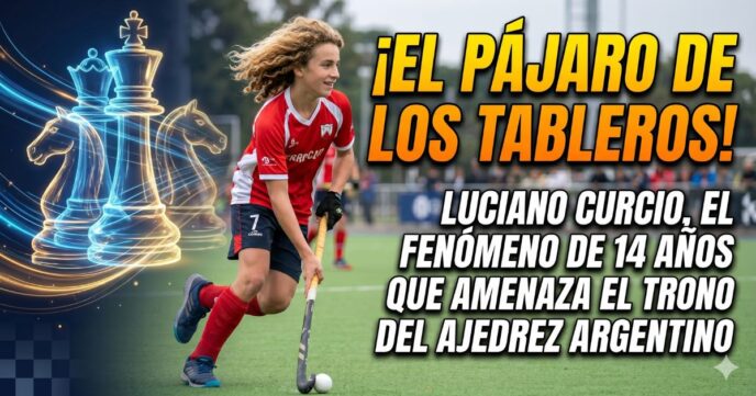 Luciano Curcio, el Caniggia del ajedrez argentino, jugando al hockey con piezas de ajedrez gigantes de fondo. El fenómeno de 14 años que desafía a Faustino Oro.