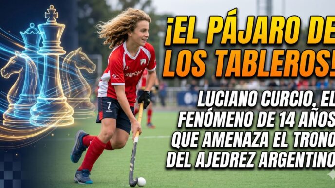 Luciano Curcio, el Caniggia del ajedrez argentino, jugando al hockey con piezas de ajedrez gigantes de fondo. El fenómeno de 14 años que desafía a Faustino Oro.