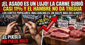 Miniatura dramática de Info del Plata que muestra a un hombre con una billetera vacía en una manifestación y cortes de asado con altos precios y porcentajes de aumento del 20% y 10.6% en un mes. El titular dice: "¡EL ASADO ES UN LUJO! LA CARNE SUBIÓ CASI 11% Y EL HAMBRE NO DA TREGUA".