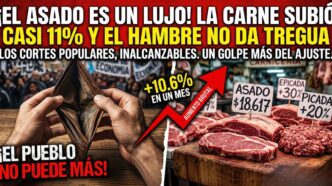 Miniatura dramática de Info del Plata que muestra a un hombre con una billetera vacía en una manifestación y cortes de asado con altos precios y porcentajes de aumento del 20% y 10.6% en un mes. El titular dice: "¡EL ASADO ES UN LUJO! LA CARNE SUBIÓ CASI 11% Y EL HAMBRE NO DA TREGUA".
