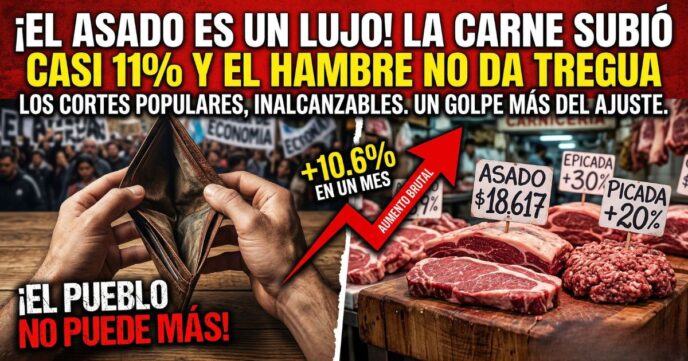 Miniatura dramática de Info del Plata que muestra a un hombre con una billetera vacía en una manifestación y cortes de asado con altos precios y porcentajes de aumento del 20% y 10.6% en un mes. El titular dice: "¡EL ASADO ES UN LUJO! LA CARNE SUBIÓ CASI 11% Y EL HAMBRE NO DA TREGUA".