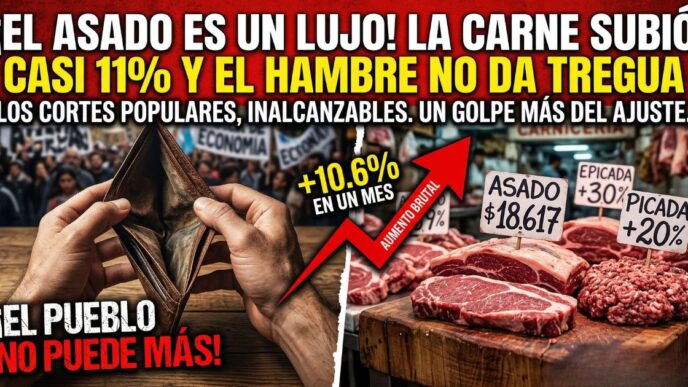 Miniatura dramática de Info del Plata que muestra a un hombre con una billetera vacía en una manifestación y cortes de asado con altos precios y porcentajes de aumento del 20% y 10.6% en un mes. El titular dice: "¡EL ASADO ES UN LUJO! LA CARNE SUBIÓ CASI 11% Y EL HAMBRE NO DA TREGUA".