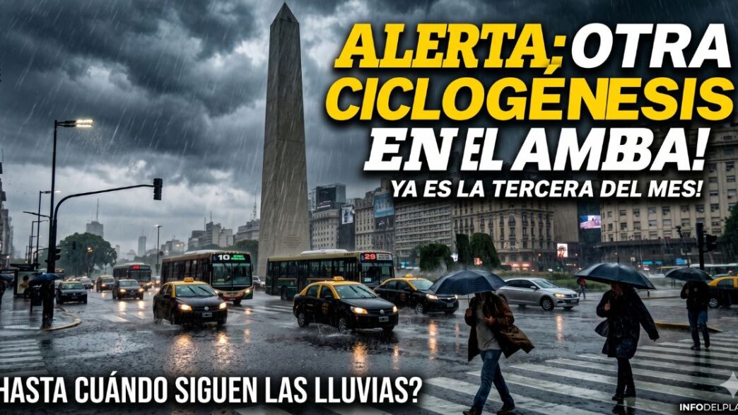 Alerta de Ciclogénesis en el AMBA: Imagen de lluvias intensas y caos de tránsito en el Obelisco de Buenos Aires durante la tercera ola de tormentas del mes. Incluye texto de alerta sobre cuándo dejará de llover.