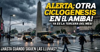 Alerta de Ciclogénesis en el AMBA: Imagen de lluvias intensas y caos de tránsito en el Obelisco de Buenos Aires durante la tercera ola de tormentas del mes. Incluye texto de alerta sobre cuándo dejará de llover.