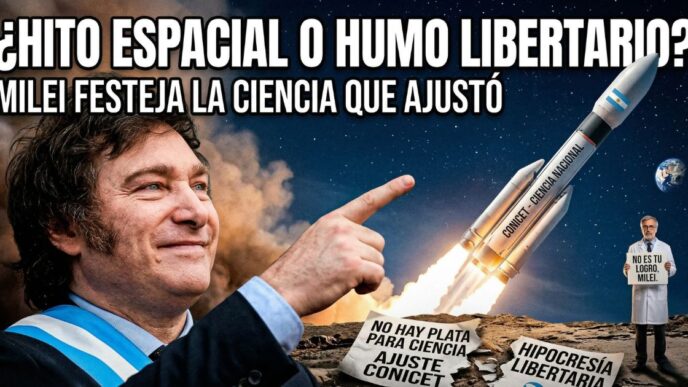 Javier Milei celebrando un cohete del CONICET mientras un científico sostiene un cartel de protesta por el ajuste y la motosierra a la ciencia argentina