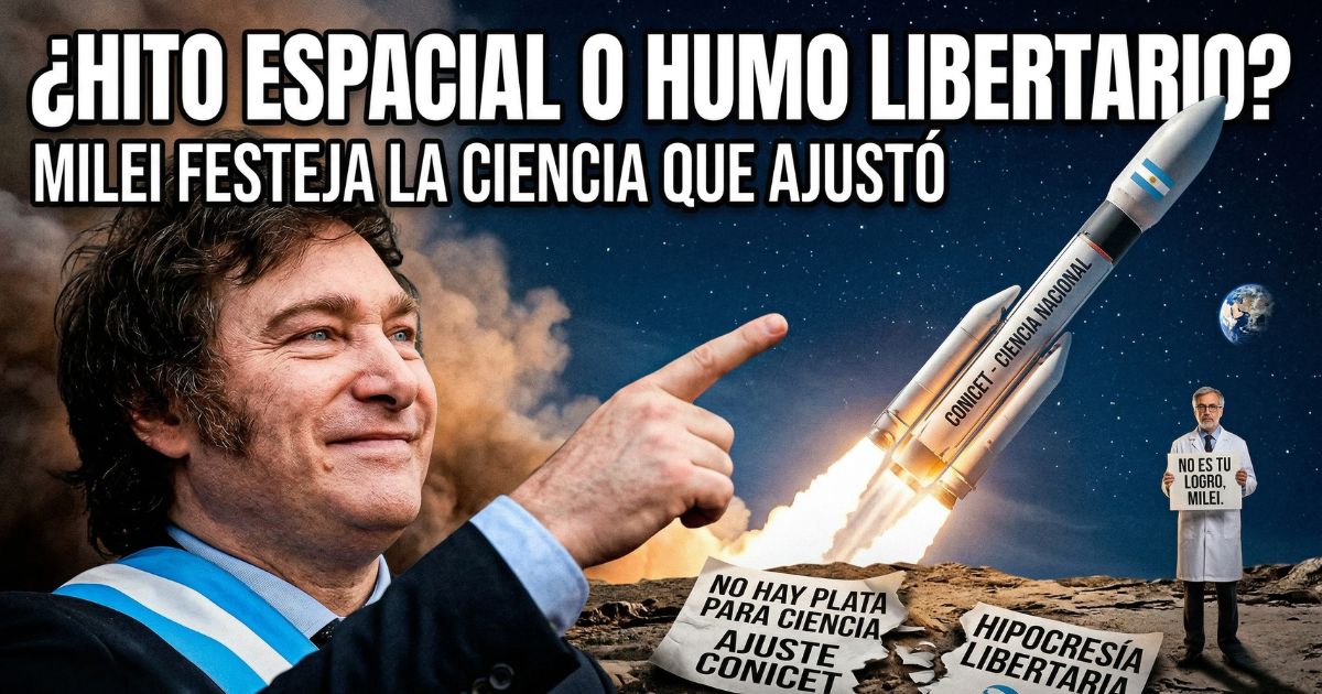 Javier Milei celebrando un cohete del CONICET mientras un científico sostiene un cartel de protesta por el ajuste y la motosierra a la ciencia argentina