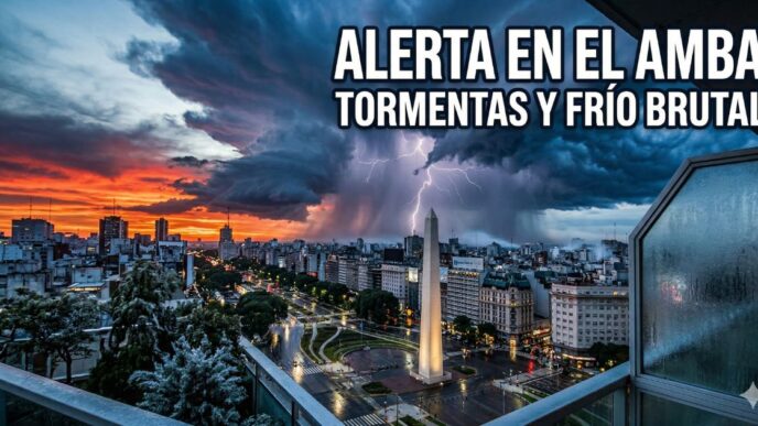Tormenta gigante y rayos sobre el Obelisco de Buenos Aires anunciando alerta naranja y un brutal descenso de temperatura en el AMBA.