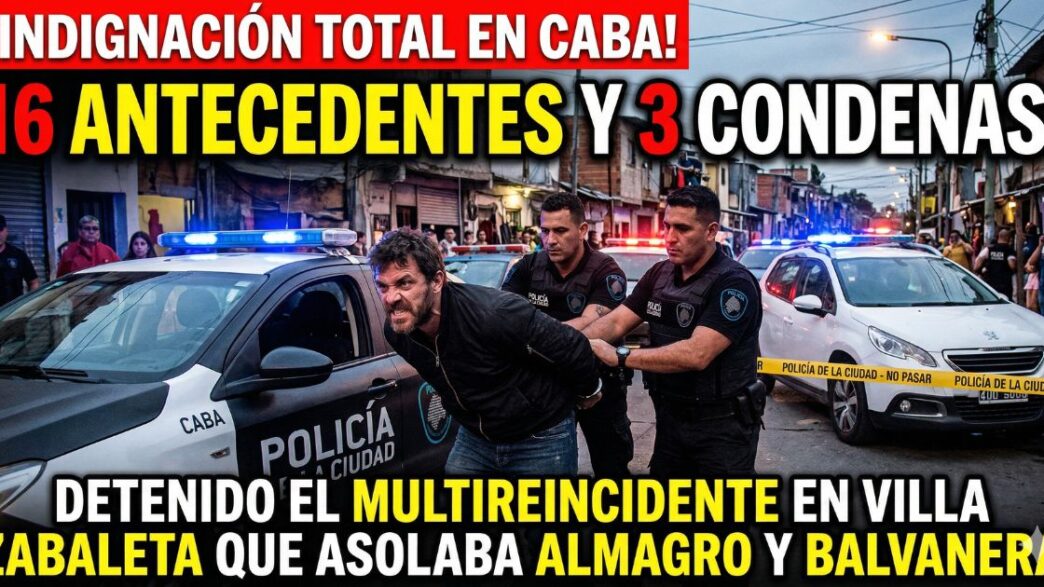 Policía de la Ciudad deteniendo a un peligroso delincuente con 16 antecedentes en Villa Zabaleta, reflejando la brutal inseguridad en CABA tras los robos en Almagro y Balvanera.