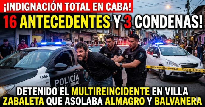 Policía de la Ciudad deteniendo a un peligroso delincuente con 16 antecedentes en Villa Zabaleta, reflejando la brutal inseguridad en CABA tras los robos en Almagro y Balvanera.