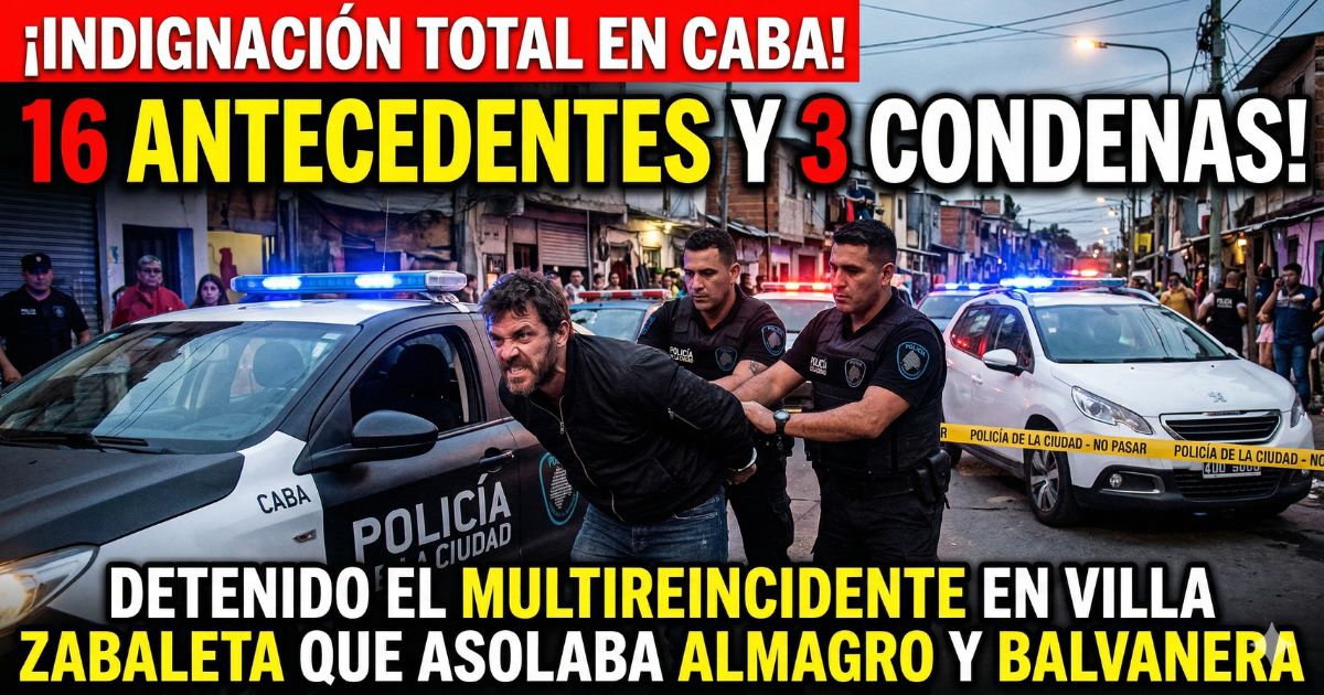 Policía de la Ciudad deteniendo a un peligroso delincuente con 16 antecedentes en Villa Zabaleta, reflejando la brutal inseguridad en CABA tras los robos en Almagro y Balvanera.