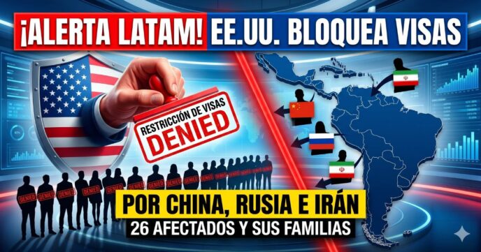Mapa de América Latina y sello de visas denegadas por Estados Unidos a 26 funcionarios aliados de China y Rusia.