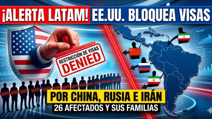 Mapa de América Latina y sello de visas denegadas por Estados Unidos a 26 funcionarios aliados de China y Rusia.