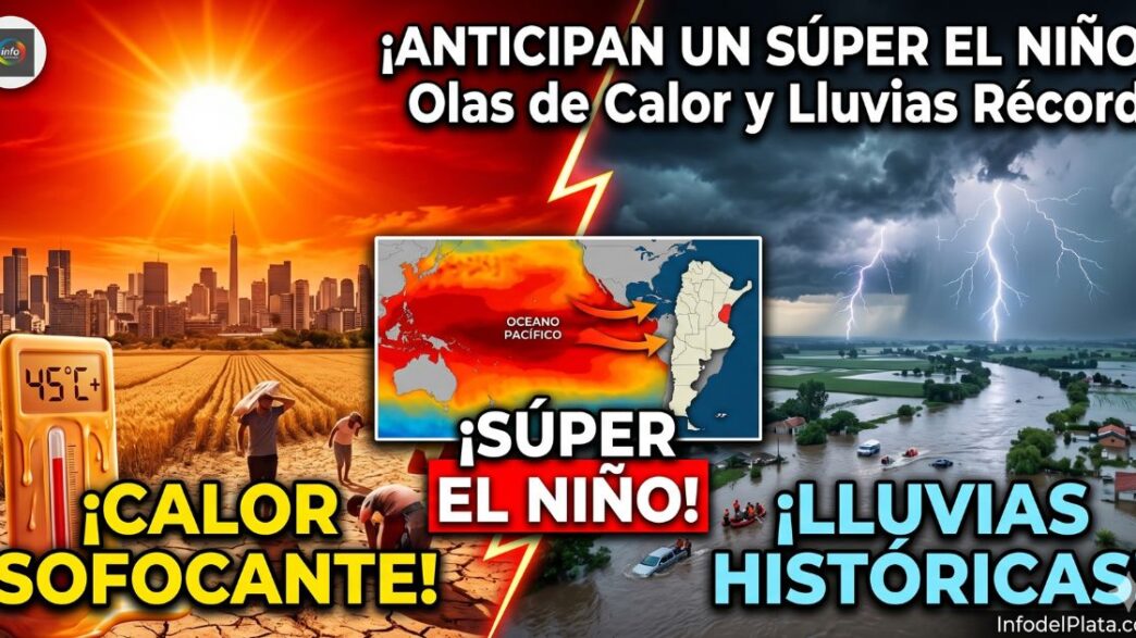Mapa y pronóstico del Súper El Niño en Argentina 2026: contraste entre calor sofocante extremo e inundaciones históricas.