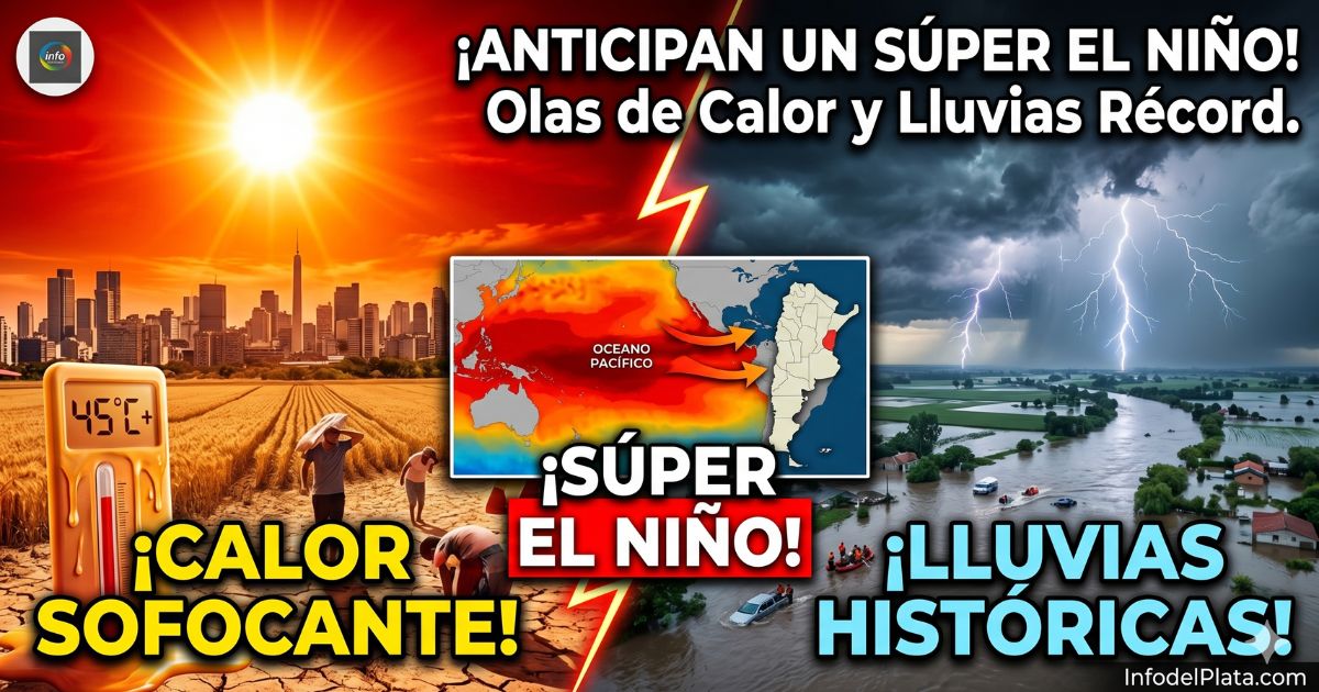 Mapa y pronóstico del Súper El Niño en Argentina 2026: contraste entre calor sofocante extremo e inundaciones históricas.
