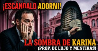 Manuel Adorni agarrándose la cabeza desesperado por el escándalo de corrupción. De fondo, la Casa Rosada y una silueta oscura de Karina Milei sosteniendo fajos de dólares y un edificio de lujo en Caballito. Mentiras, estafas y acomodos en el gobierno libertario de Javier Milei.