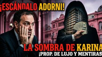 Manuel Adorni agarrándose la cabeza desesperado por el escándalo de corrupción. De fondo, la Casa Rosada y una silueta oscura de Karina Milei sosteniendo fajos de dólares y un edificio de lujo en Caballito. Mentiras, estafas y acomodos en el gobierno libertario de Javier Milei.