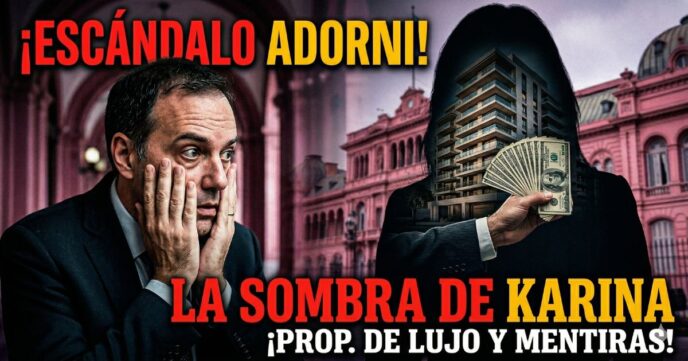 Manuel Adorni agarrándose la cabeza desesperado por el escándalo de corrupción. De fondo, la Casa Rosada y una silueta oscura de Karina Milei sosteniendo fajos de dólares y un edificio de lujo en Caballito. Mentiras, estafas y acomodos en el gobierno libertario de Javier Milei.