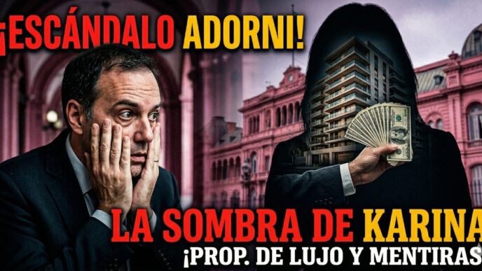 Manuel Adorni agarrándose la cabeza desesperado por el escándalo de corrupción. De fondo, la Casa Rosada y una silueta oscura de Karina Milei sosteniendo fajos de dólares y un edificio de lujo en Caballito. Mentiras, estafas y acomodos en el gobierno libertario de Javier Milei.