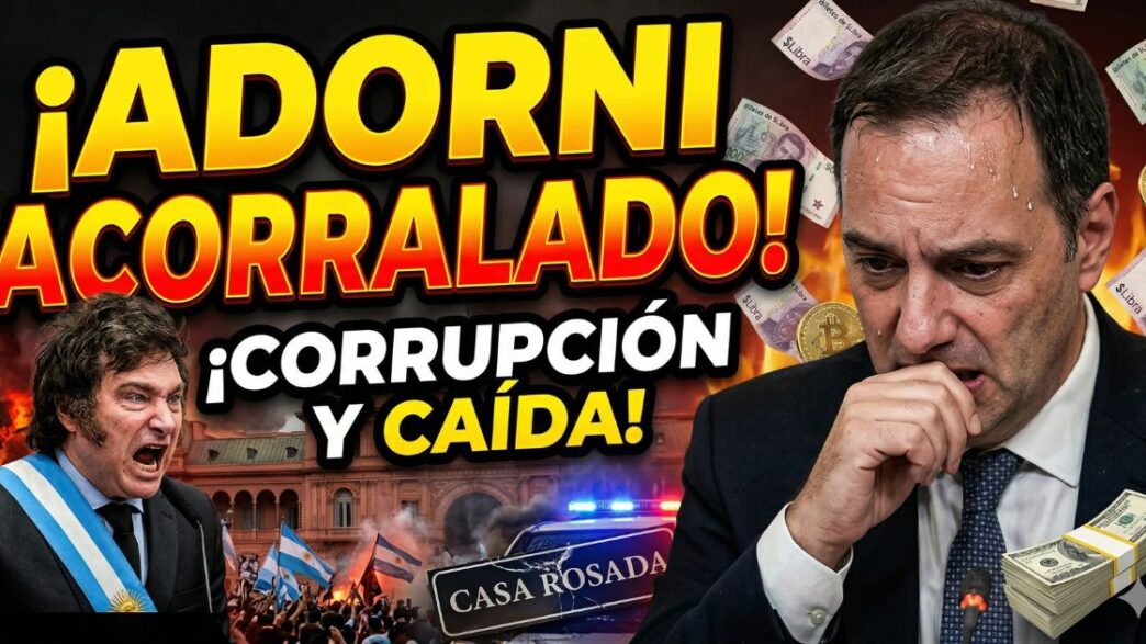 Manuel Adorni acorralado y sudando por la causa de enriquecimiento ilícito y corrupción, junto a Javier Milei furioso con la Casa Rosada en llamas.