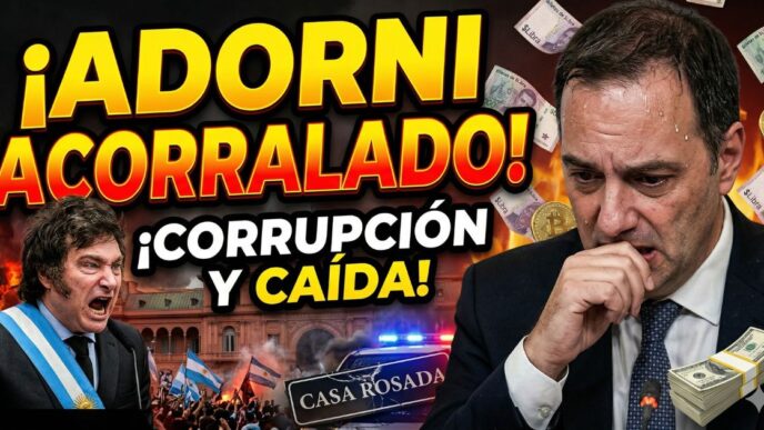 Manuel Adorni acorralado y sudando por la causa de enriquecimiento ilícito y corrupción, junto a Javier Milei furioso con la Casa Rosada en llamas.