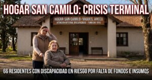 Una mujer en silla de ruedas y su cuidadora preocupada frente al Hogar San Camilo en Areco. El titular de la imagen dice 'HOGAR SAN CAMILO: CRISIS TERMINAL'. Miniatura impactante que muestra el riesgo de los 66 residentes con discapacidad por falta de fondos estatales.