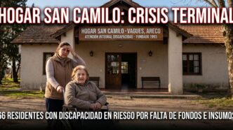 Una mujer en silla de ruedas y su cuidadora preocupada frente al Hogar San Camilo en Areco. El titular de la imagen dice 'HOGAR SAN CAMILO: CRISIS TERMINAL'. Miniatura impactante que muestra el riesgo de los 66 residentes con discapacidad por falta de fondos estatales.