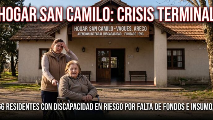 Una mujer en silla de ruedas y su cuidadora preocupada frente al Hogar San Camilo en Areco. El titular de la imagen dice 'HOGAR SAN CAMILO: CRISIS TERMINAL'. Miniatura impactante que muestra el riesgo de los 66 residentes con discapacidad por falta de fondos estatales.