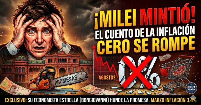 Javier Milei desesperado por el fracaso de la inflación cero. Crisis económica, motosierra rota, billetes devaluados y changuito de supermercado vacío frente a la Casa Rosada. La gran mentira de agosto al descubierto.
