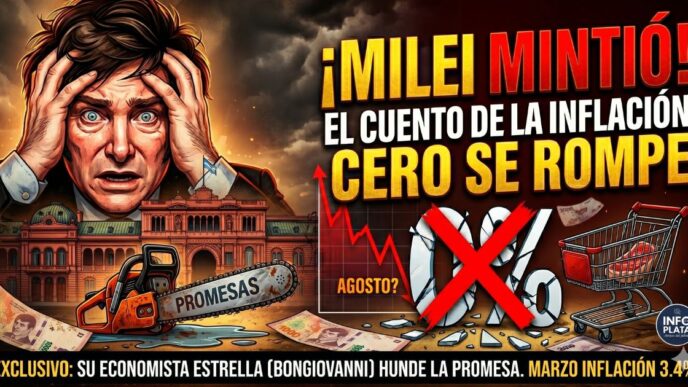 Javier Milei desesperado por el fracaso de la inflación cero. Crisis económica, motosierra rota, billetes devaluados y changuito de supermercado vacío frente a la Casa Rosada. La gran mentira de agosto al descubierto.