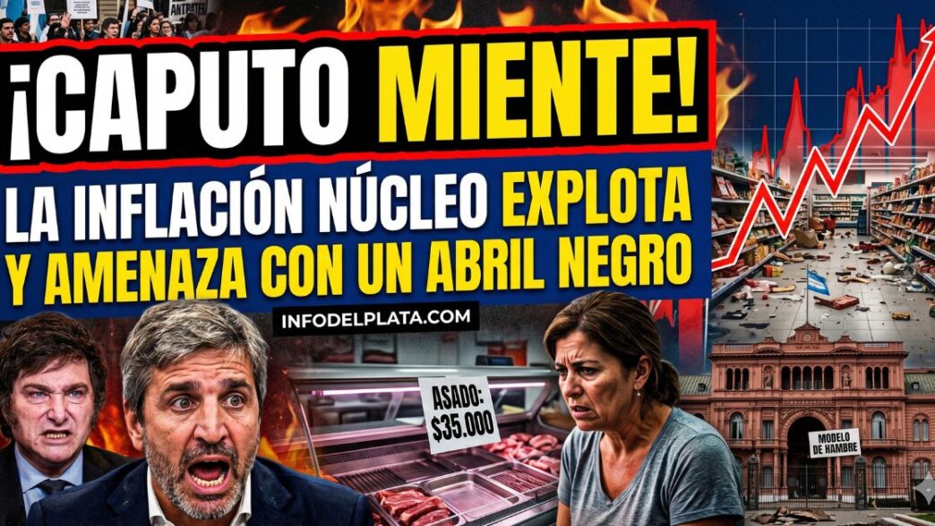 Javier Milei y Luis Caputo frente a un gráfico de inflación en rojo, góndolas vacías y precios inalcanzables. Crisis económica Argentina 2026.