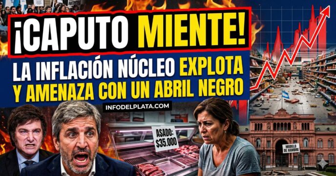 Javier Milei y Luis Caputo frente a un gráfico de inflación en rojo, góndolas vacías y precios inalcanzables. Crisis económica Argentina 2026.