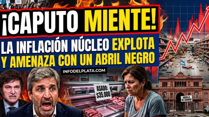 Javier Milei y Luis Caputo frente a un gráfico de inflación en rojo, góndolas vacías y precios inalcanzables. Crisis económica Argentina 2026.