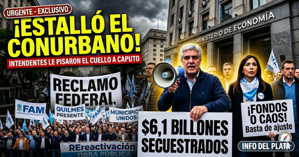 Marcha masiva de intendentes peronistas y la FAM frente al Ministerio de Economía reclamando a Luis Caputo por el ajuste, fondos retenidos y obras paralizadas.