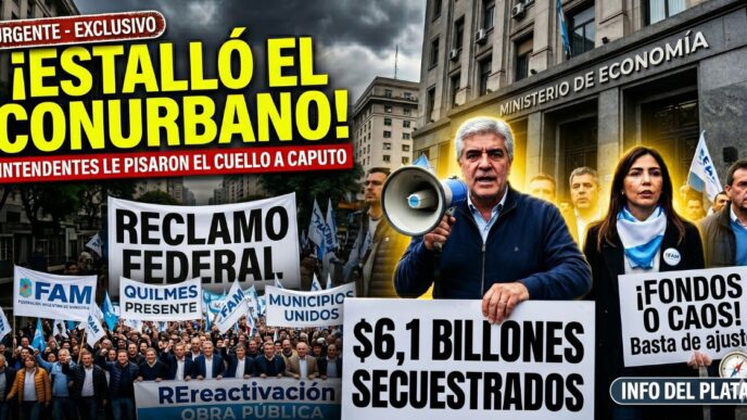 Marcha masiva de intendentes peronistas y la FAM frente al Ministerio de Economía reclamando a Luis Caputo por el ajuste, fondos retenidos y obras paralizadas.