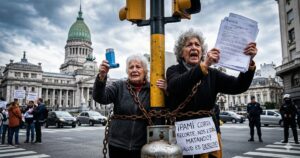 Dos jubiladas encadenadas a un semáforo frente al Congreso Nacional protestando desesperadas por los recortes de PAMI y el ajuste del Gobierno.