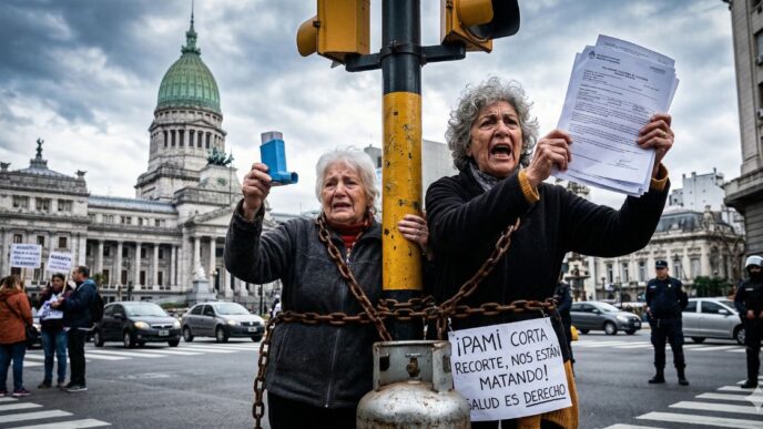 Dos jubiladas encadenadas a un semáforo frente al Congreso Nacional protestando desesperadas por los recortes de PAMI y el ajuste del Gobierno.