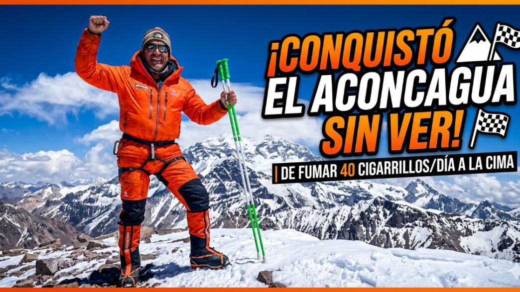 Atleta ciego José Luis Santero celebrando con bastones en la cumbre nevada del cerro Aconcagua