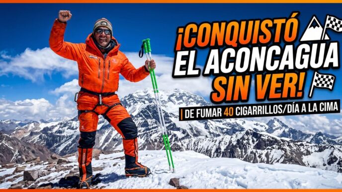 Atleta ciego José Luis Santero celebrando con bastones en la cumbre nevada del cerro Aconcagua