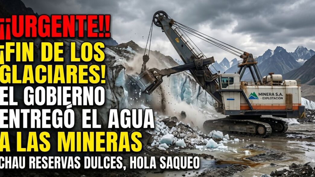 Imagen que muestra una excavadora minera gigante destruyendo un glaciar de hielo y roca en las montañas, con un texto superpuesto alarmista en rojo y amarillo que dice: ¡¡URGENTE!! ¡FIN DE LOS GLACIARES! EL GOBIERNO ENTREGÓ EL AGUA A LAS MINERAS. Chau reservas dulces, hola saqueo.