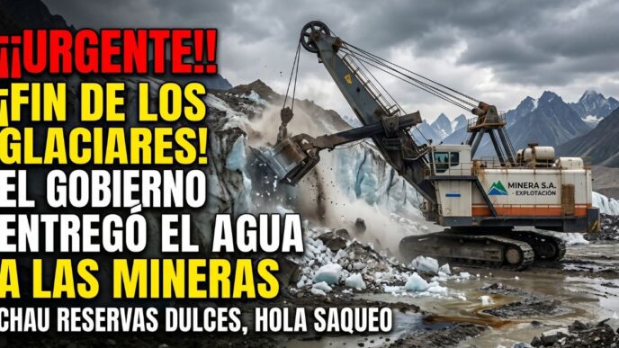 Imagen que muestra una excavadora minera gigante destruyendo un glaciar de hielo y roca en las montañas, con un texto superpuesto alarmista en rojo y amarillo que dice: ¡¡URGENTE!! ¡FIN DE LOS GLACIARES! EL GOBIERNO ENTREGÓ EL AGUA A LAS MINERAS. Chau reservas dulces, hola saqueo.