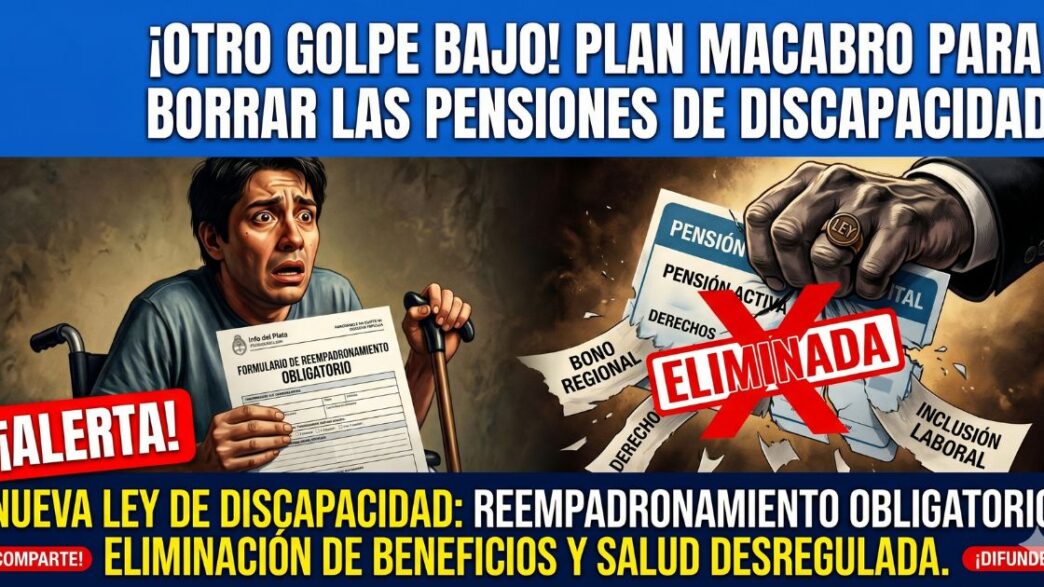Miniatura de Info del Plata con titular en rojo brillante "¡BORRAN PENSIONES DE DISCAPACIDAD! EL PLAN MACABRO DEL GOBIERNO". Imagen dramática de una persona en silla de ruedas preocupada, y un documento de "REEMPADRONAMIENTO O MUERTE" con una X roja encima.