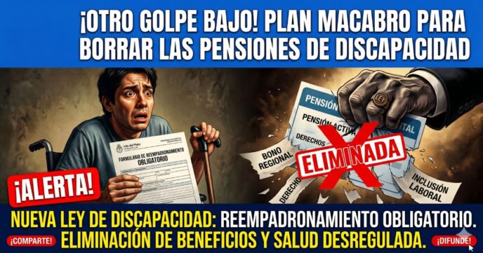 Miniatura de Info del Plata con titular en rojo brillante "¡BORRAN PENSIONES DE DISCAPACIDAD! EL PLAN MACABRO DEL GOBIERNO". Imagen dramática de una persona en silla de ruedas preocupada, y un documento de "REEMPADRONAMIENTO O MUERTE" con una X roja encima.