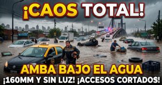 Miniatura de noticias sensacionalista de 'Info del Plata' con un taxi porteño medio sumergido y un hombre desesperado de pie en aguas marrones de una calle inundada del AMBA. De fondo, un gran puente congestionado con coches volcados y sumergidos bajo una lluvia intensa. Texto superpuesto: ¡CAOS TOTAL! AMBA BAJO EL AGUA. ¡160MM Y SIN LUZ! ¡ACCESOS CORTADOS!.