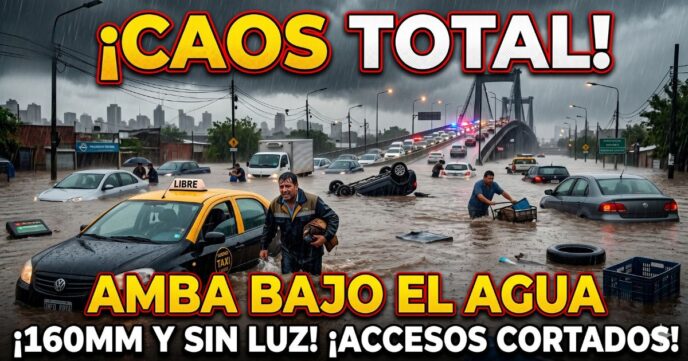 Miniatura de noticias sensacionalista de 'Info del Plata' con un taxi porteño medio sumergido y un hombre desesperado de pie en aguas marrones de una calle inundada del AMBA. De fondo, un gran puente congestionado con coches volcados y sumergidos bajo una lluvia intensa. Texto superpuesto: ¡CAOS TOTAL! AMBA BAJO EL AGUA. ¡160MM Y SIN LUZ! ¡ACCESOS CORTADOS!.