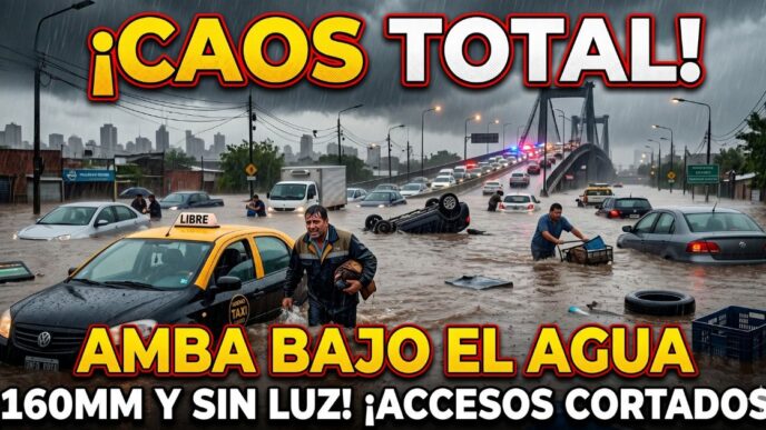 Miniatura de noticias sensacionalista de 'Info del Plata' con un taxi porteño medio sumergido y un hombre desesperado de pie en aguas marrones de una calle inundada del AMBA. De fondo, un gran puente congestionado con coches volcados y sumergidos bajo una lluvia intensa. Texto superpuesto: ¡CAOS TOTAL! AMBA BAJO EL AGUA. ¡160MM Y SIN LUZ! ¡ACCESOS CORTADOS!.