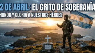 Soldado argentino con la bandera nacional rindiendo homenaje a los caídos en las Islas Malvinas el 2 de abril