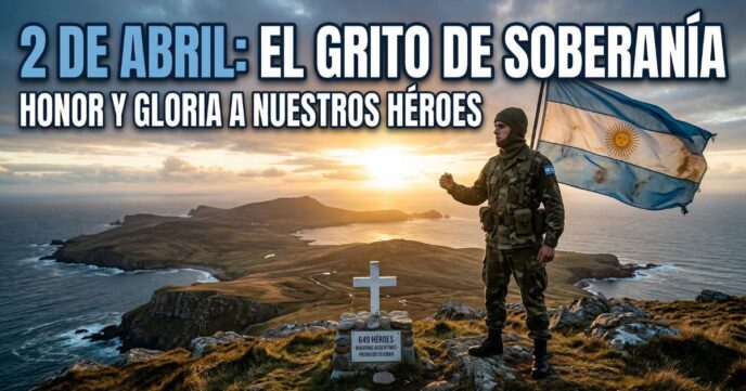 Soldado argentino con la bandera nacional rindiendo homenaje a los caídos en las Islas Malvinas el 2 de abril