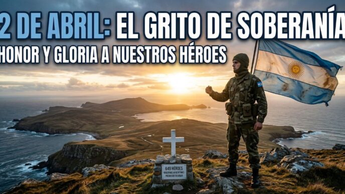 Soldado argentino con la bandera nacional rindiendo homenaje a los caídos en las Islas Malvinas el 2 de abril