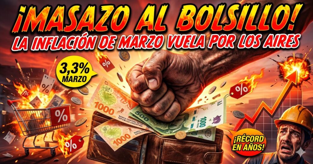 Puño aplastando una billetera con pesos argentinos entre llamas. Representación del masazo al bolsillo por la inflación récord de marzo, el ajuste del Gobierno y la crisis económica que destruye los salarios de los trabajadores.